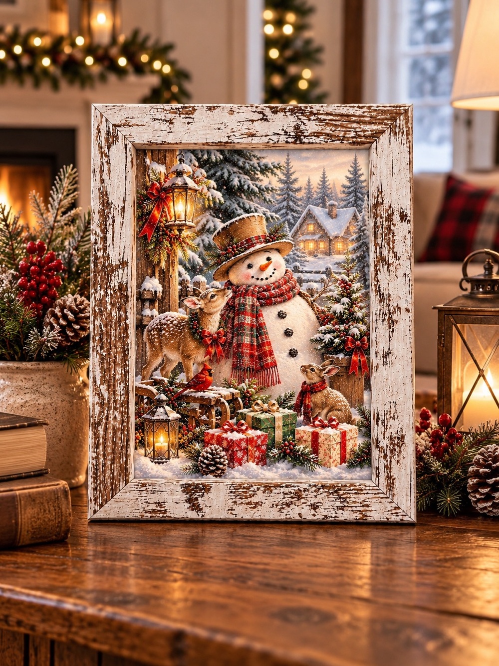 Festive Snowman Framed Holiday Art - Rustic White Frame 5x7 - Picture 1 of 1